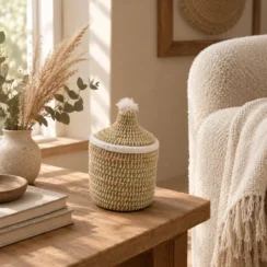 Small wicker basket with white rope and lid